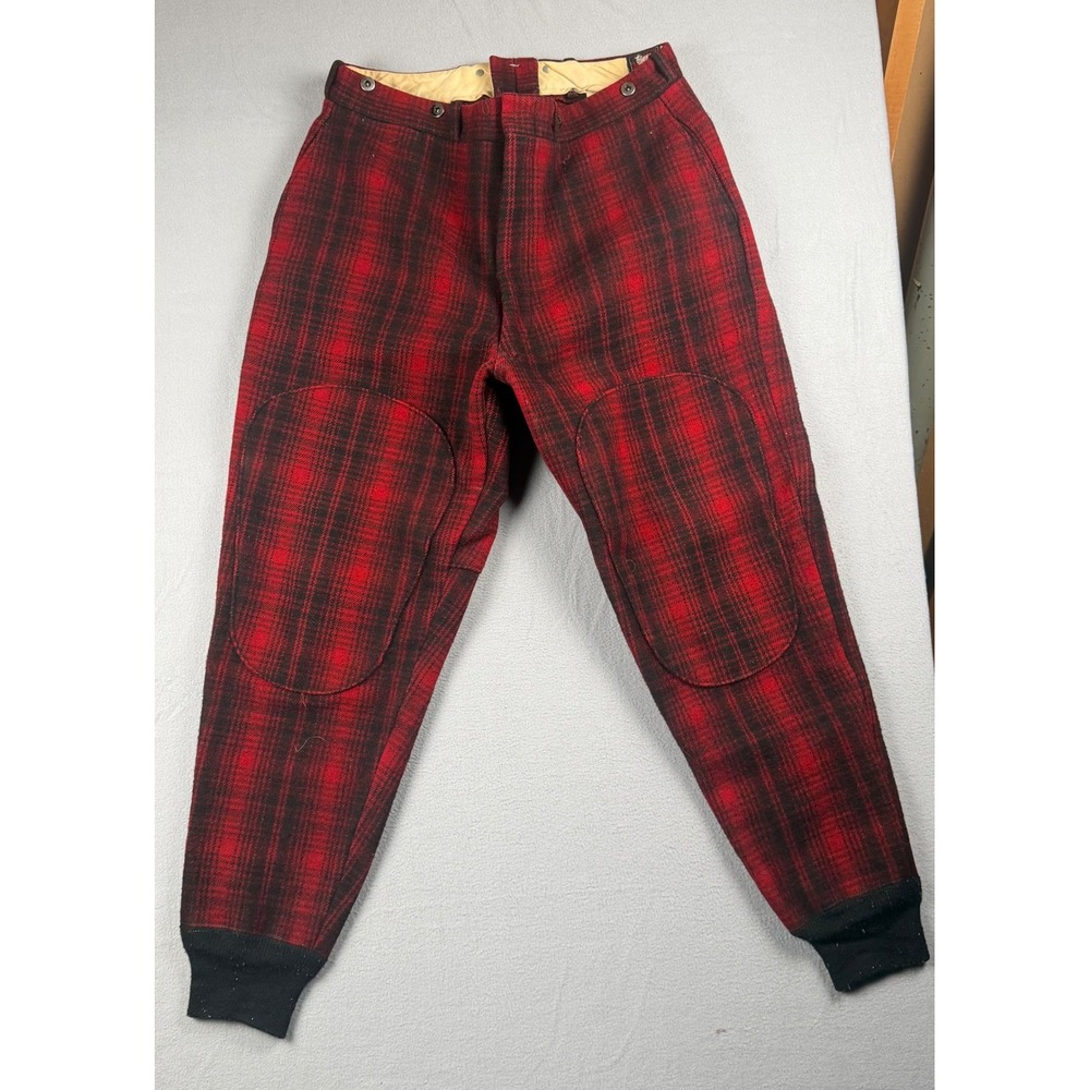 Vintage Woolrich 50's Wool Hunting Pants Red Black Plaid Knit Cuff Mens 32x26.5